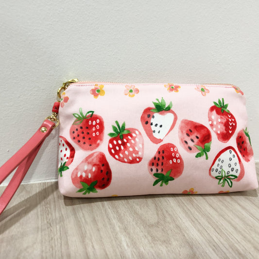 Pink Strawberry Zipper Wristlet Pouch With Strap - P1